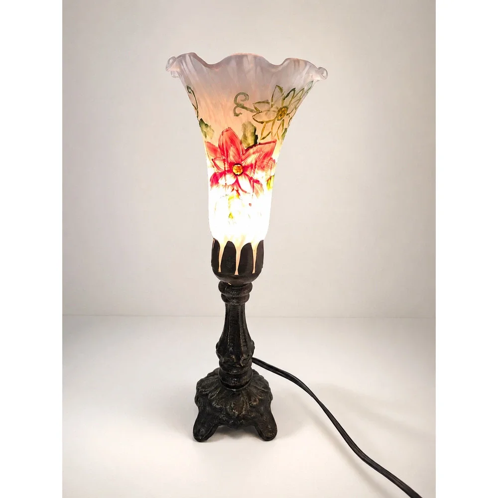 Vintage Style Frosted Glass Tulip Accent Lamp Hand Painted Red Poinsettia Floral